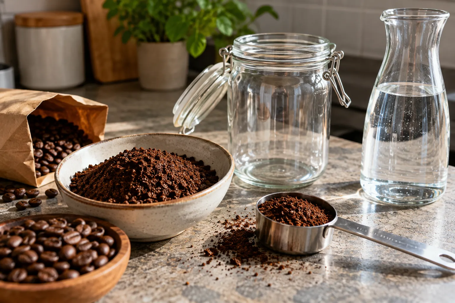 Приготвяне на cold brew у дома с едро смляно кафе и студена вода